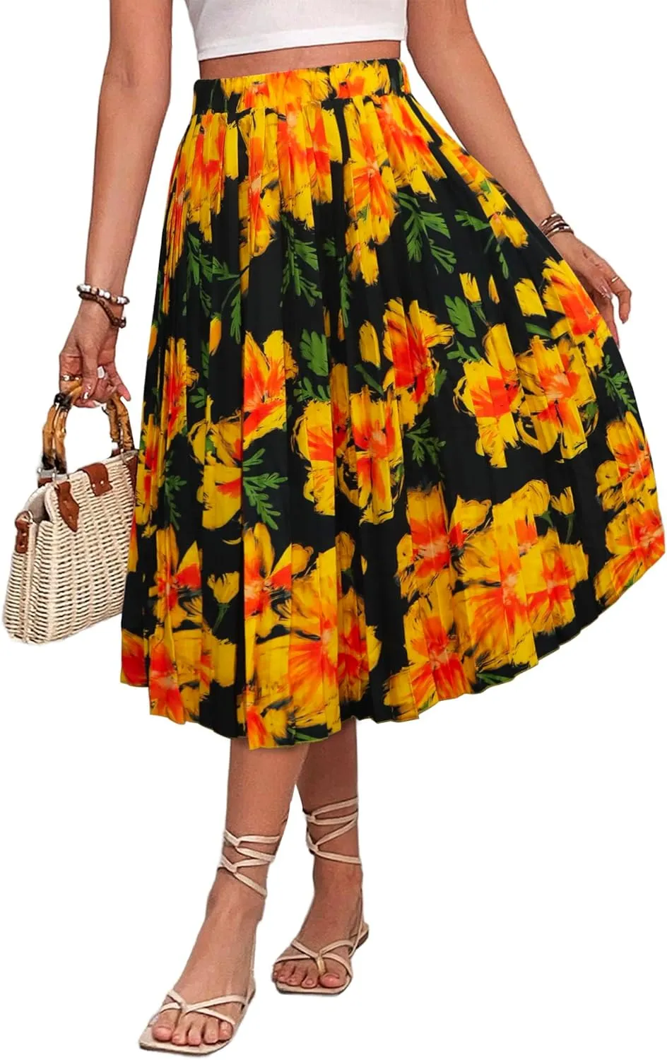 VOBCTY Womens Midi Skirts Summer Trendy A-line High Waist Casual Flowy Skirts