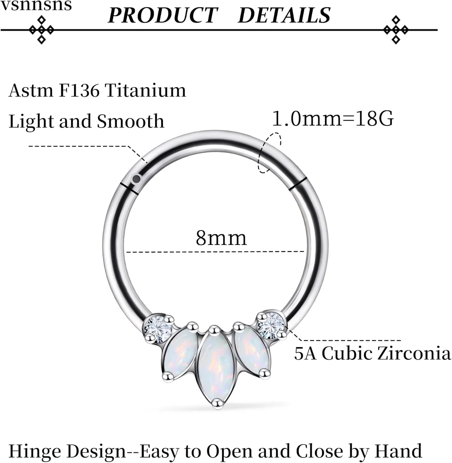 Vsnnsns G23 Titanium Septum Rings 16G 18G 20G Daith Piercing Jewelry Clicker Septum Jewelry CZ Opal Septum Rings Daith Earrings Piercing Jewelry Hoops For Women Men