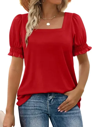 WEESO Womens Summer Tops 2025 Trendy Square Neck Blouses Short Puff Sleeve Shirts