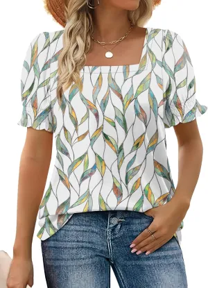 WEESO Womens Summer Tops 2025 Trendy Square Neck Blouses Short Puff Sleeve Shirts