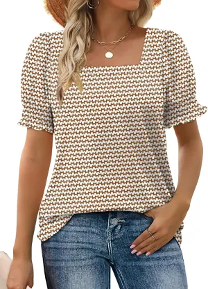 WEESO Womens Summer Tops 2025 Trendy Square Neck Blouses Short Puff Sleeve Shirts