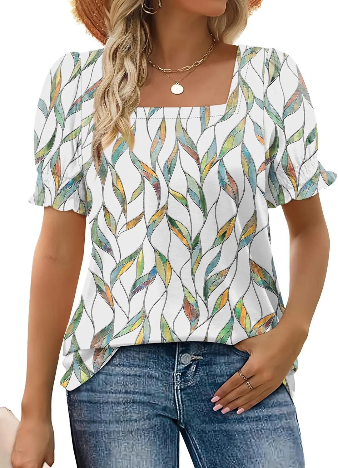 WEESO Womens Summer Tops 2025 Trendy Square Neck Blouses Short Puff Sleeve Shirts