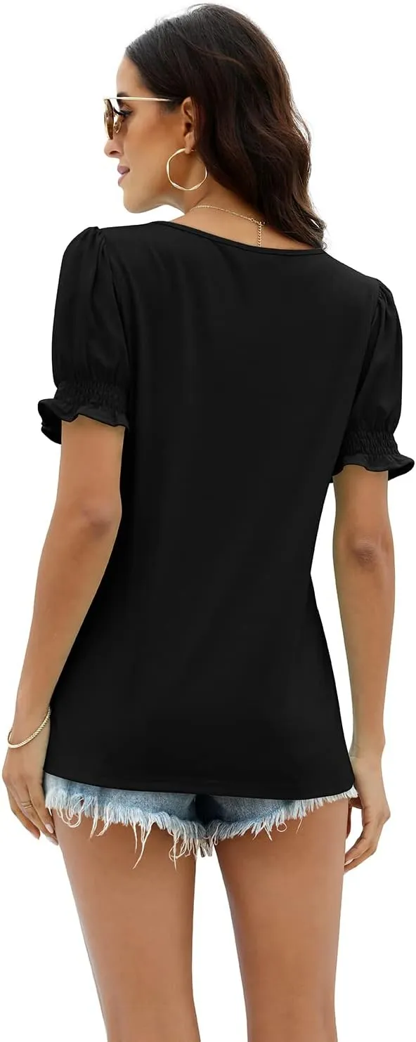 WEESO Womens Summer Tops 2025 Trendy Square Neck Blouses Short Puff Sleeve Shirts