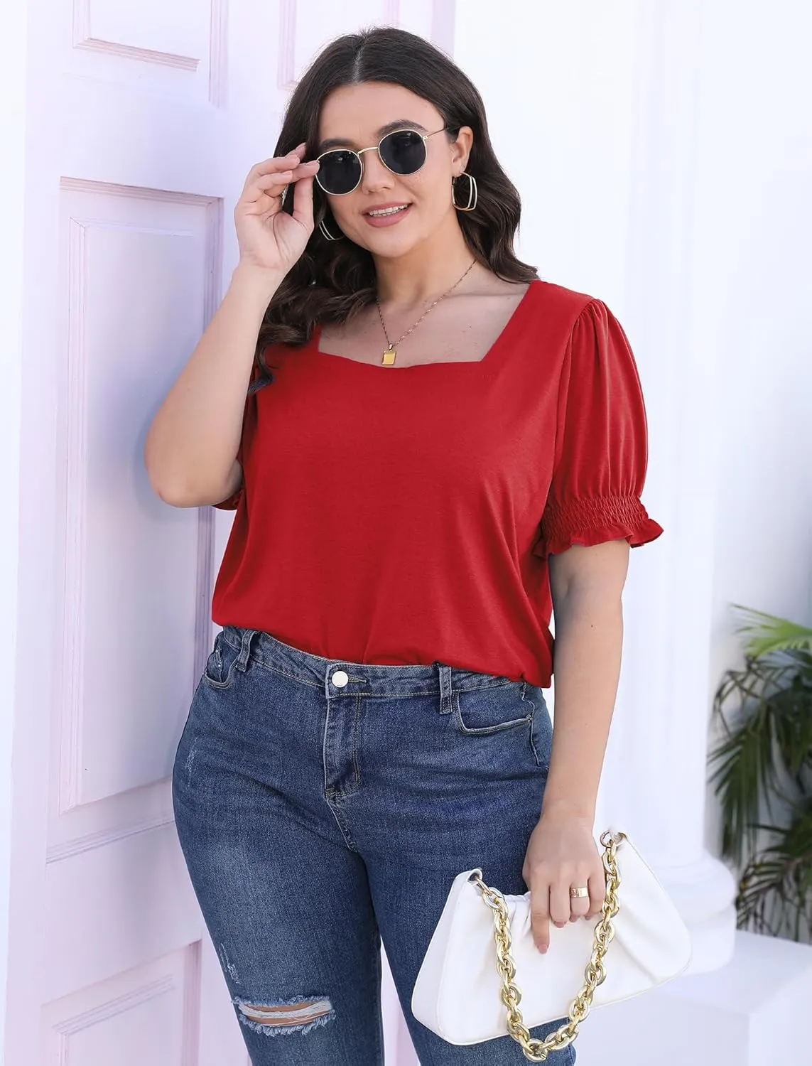 WEESO Womens Summer Tops 2025 Trendy Square Neck Blouses Short Puff Sleeve Shirts