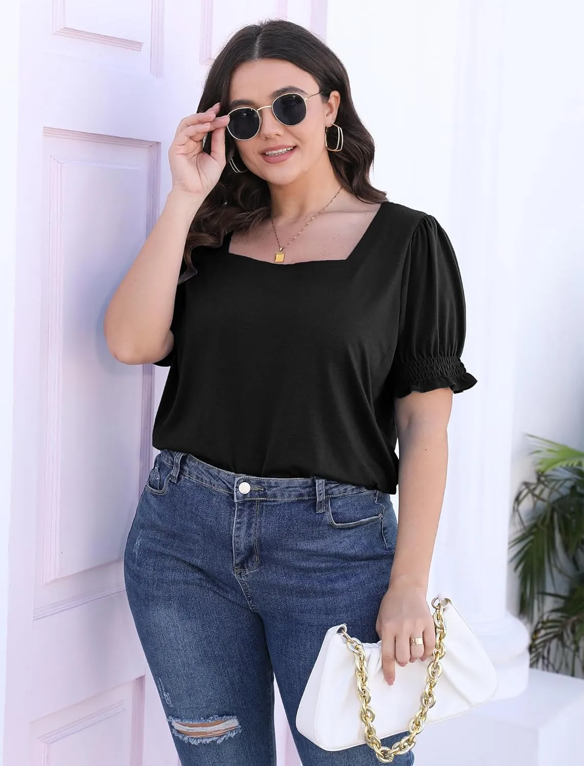 WEESO Womens Summer Tops 2025 Trendy Square Neck Blouses Short Puff Sleeve Shirts