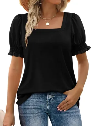 WEESO Womens Summer Tops 2025 Trendy Square Neck Blouses Short Puff Sleeve Shirts