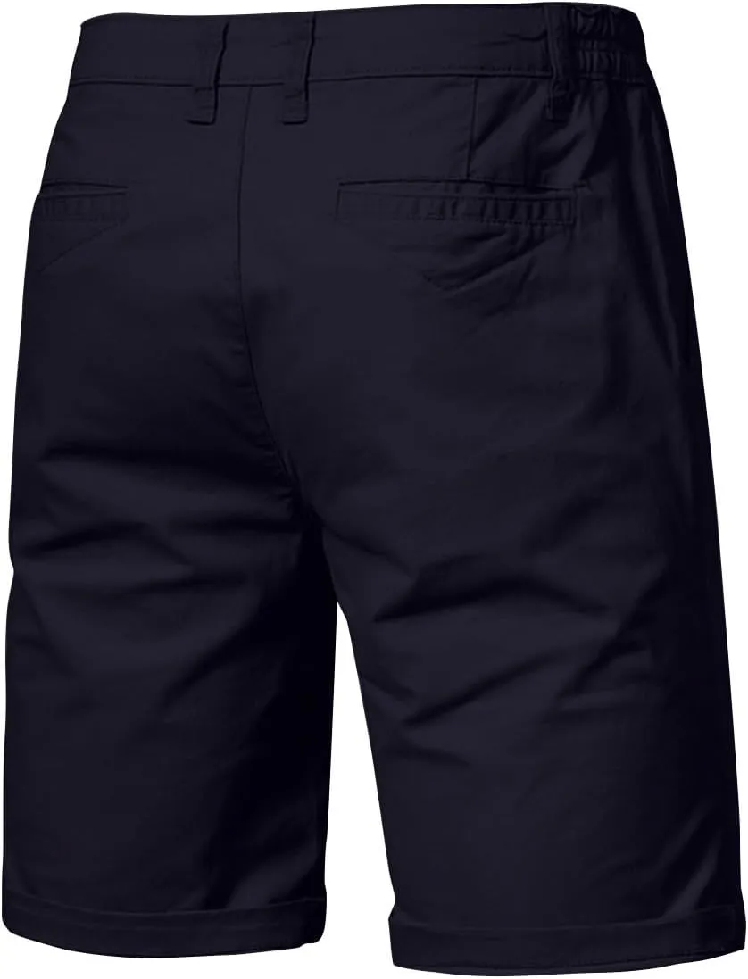 WENKOMG1 MensCotton Shorts Solid Chino Casual Knee Length Work Shorts Summer Slim Fit 10" Inseam Flat Front Shorts