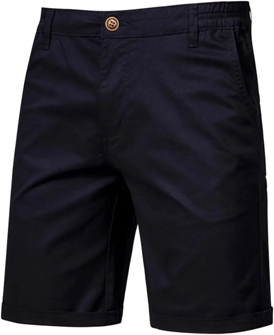 WENKOMG1 MensCotton Shorts Solid Chino Casual Knee Length Work Shorts Summer Slim Fit 10" Inseam Flat Front Shorts