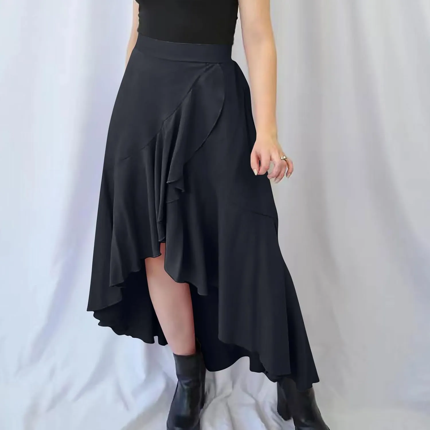 Western Skirts for Women Midi Ruffle Summer Skirt High Waisted Wrap Flowy Skirts High-Low A Line Gothic Skirts