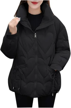 Winter Thick Windproof Solid Puffer Coat for Womens Loose Long Sleeve Down Coat with Pockets Zip Up Warm Slim Overcoat