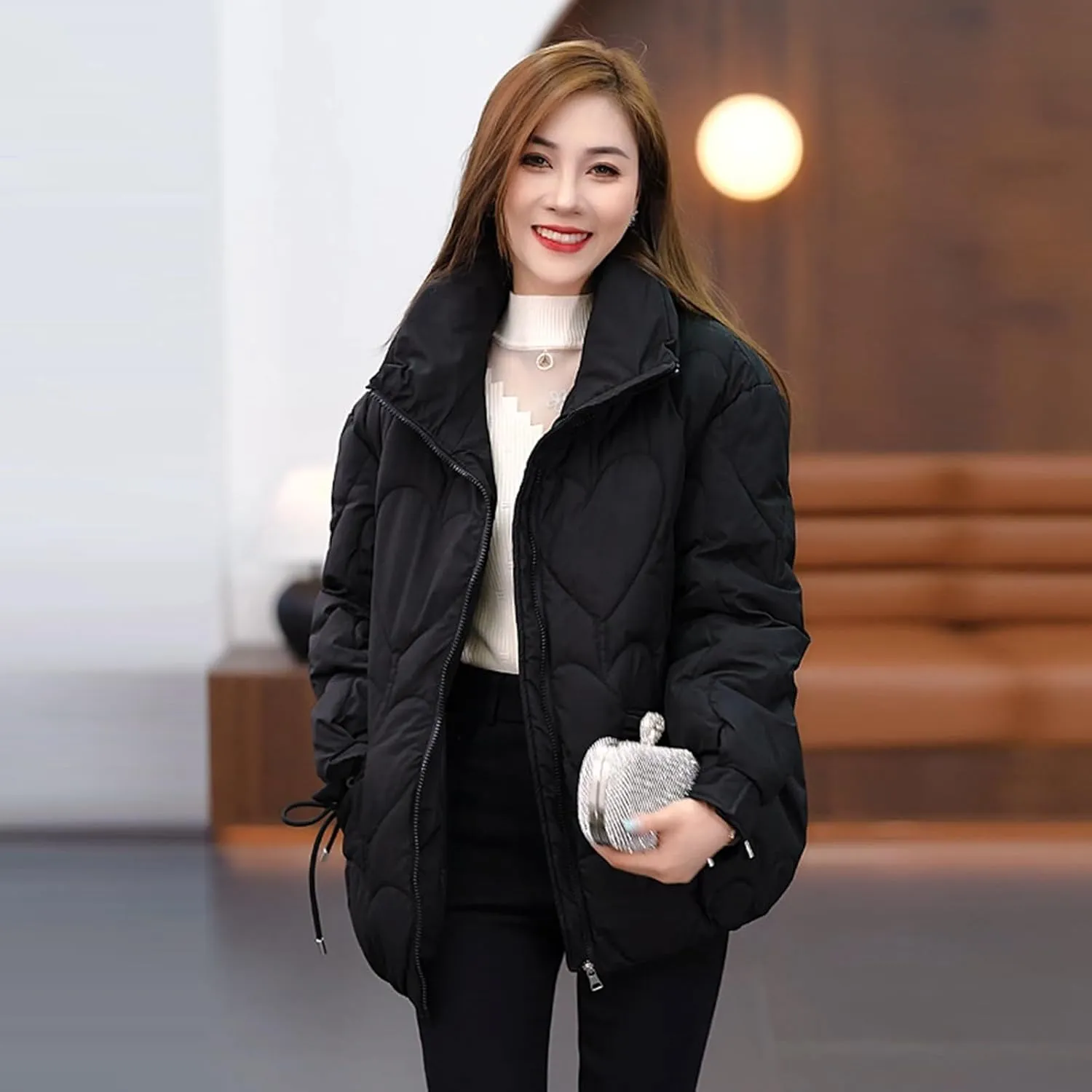 Winter Thick Windproof Solid Puffer Coat for Womens Loose Long Sleeve Down Coat with Pockets Zip Up Warm Slim Overcoat
