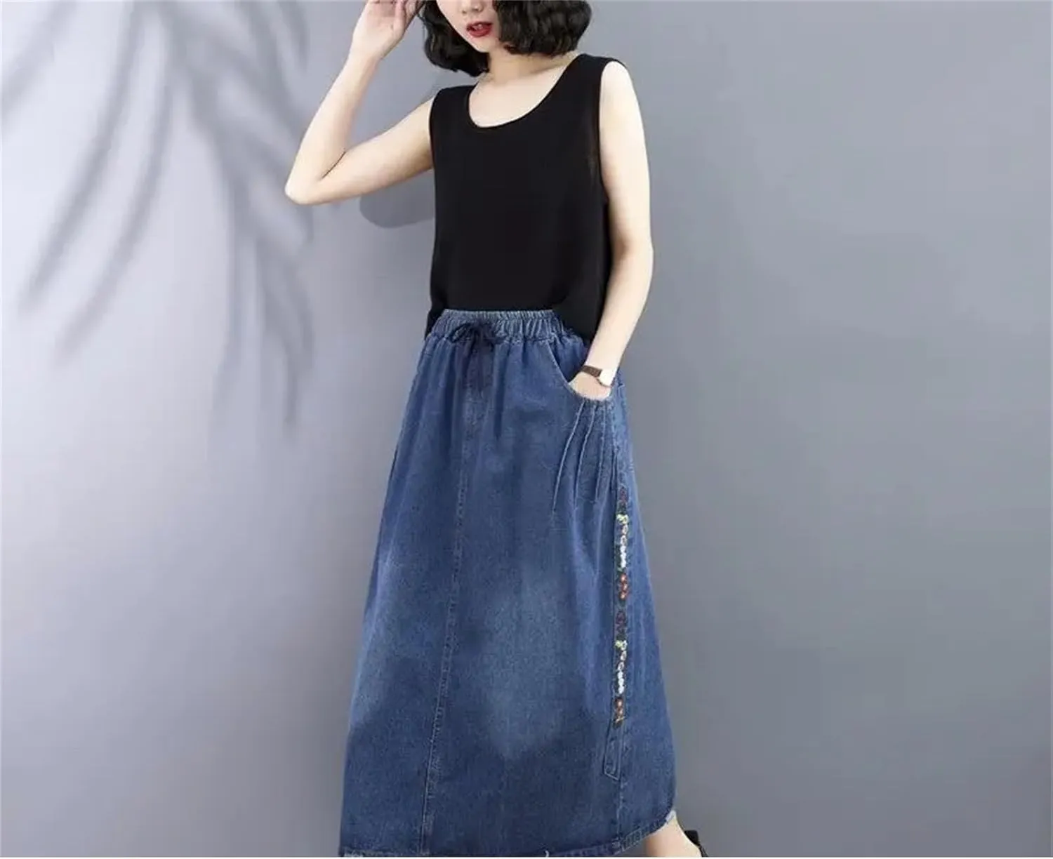 Women Artistic Embriodered Jeans Skirt Summer Loose Slim Soft Elastic Waist Midi Denim Skirt