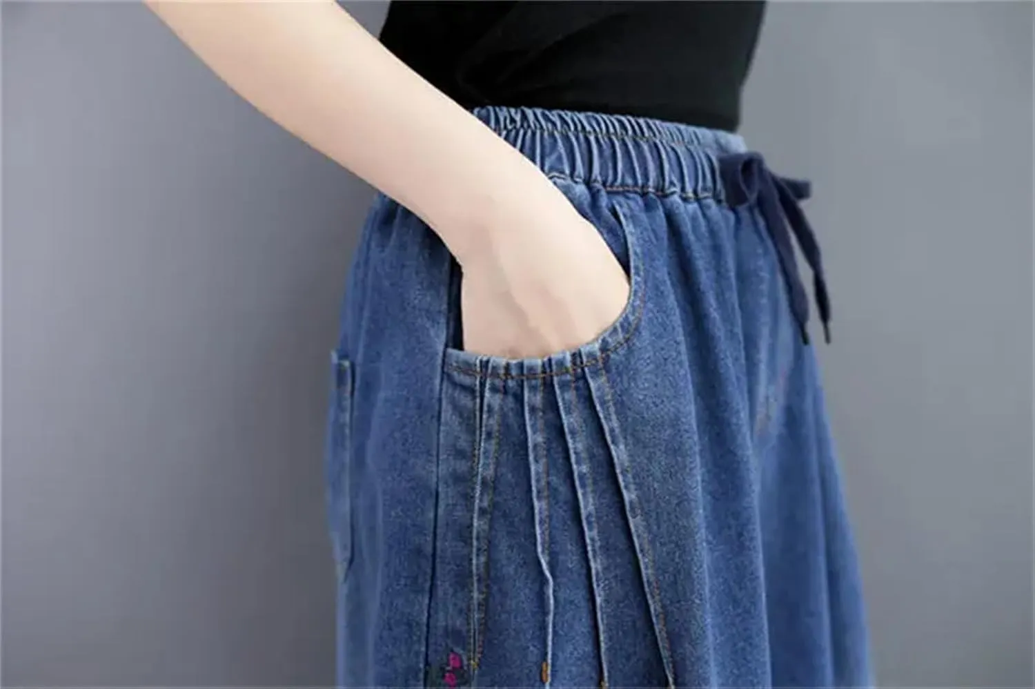 Women Artistic Embriodered Jeans Skirt Summer Loose Slim Soft Elastic Waist Midi Denim Skirt