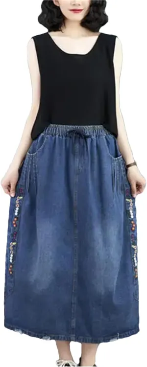 Women Artistic Embriodered Jeans Skirt Summer Loose Slim Soft Elastic Waist Midi Denim Skirt
