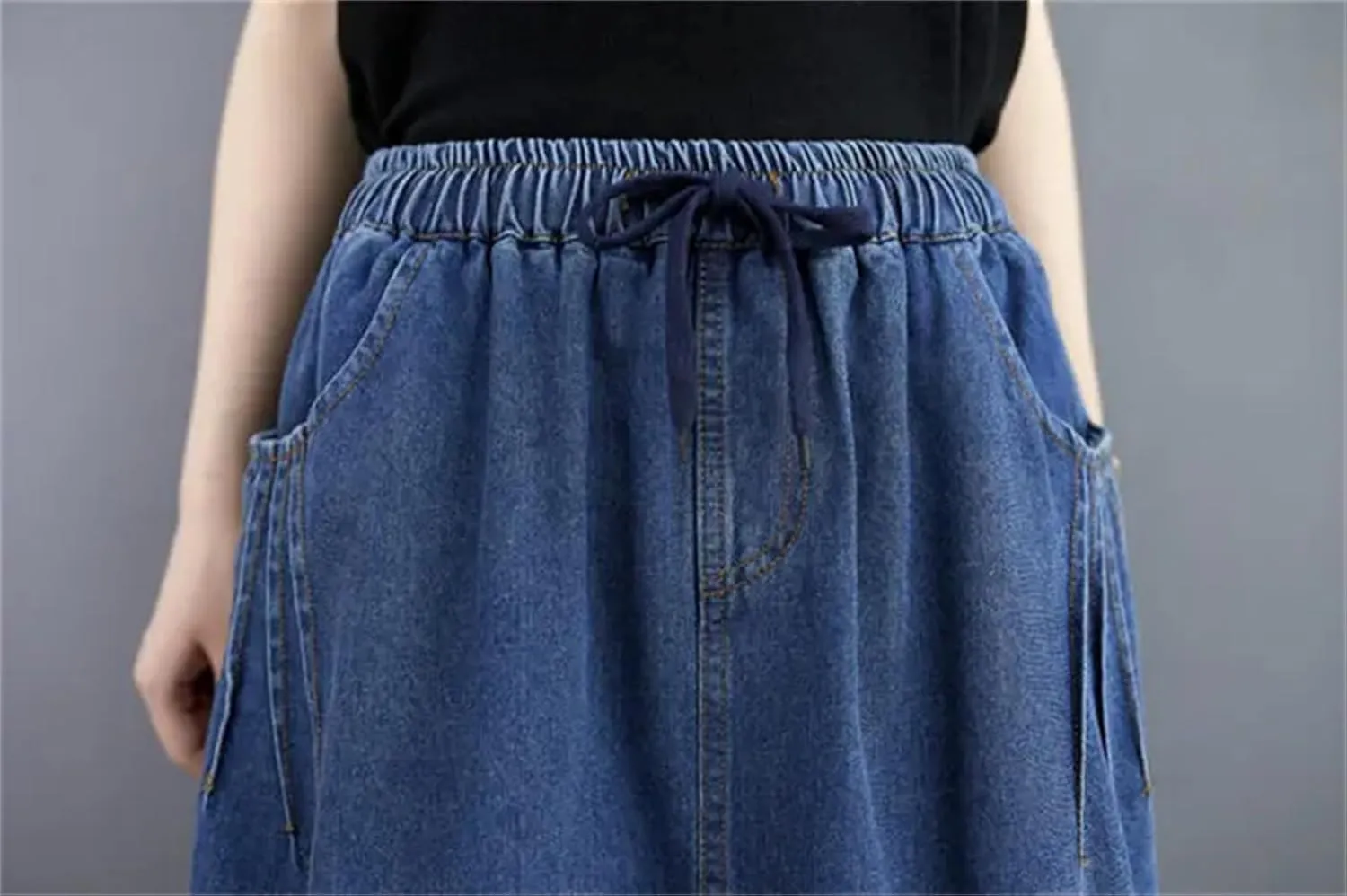 Women Artistic Embriodered Jeans Skirt Summer Loose Slim Soft Elastic Waist Midi Denim Skirt