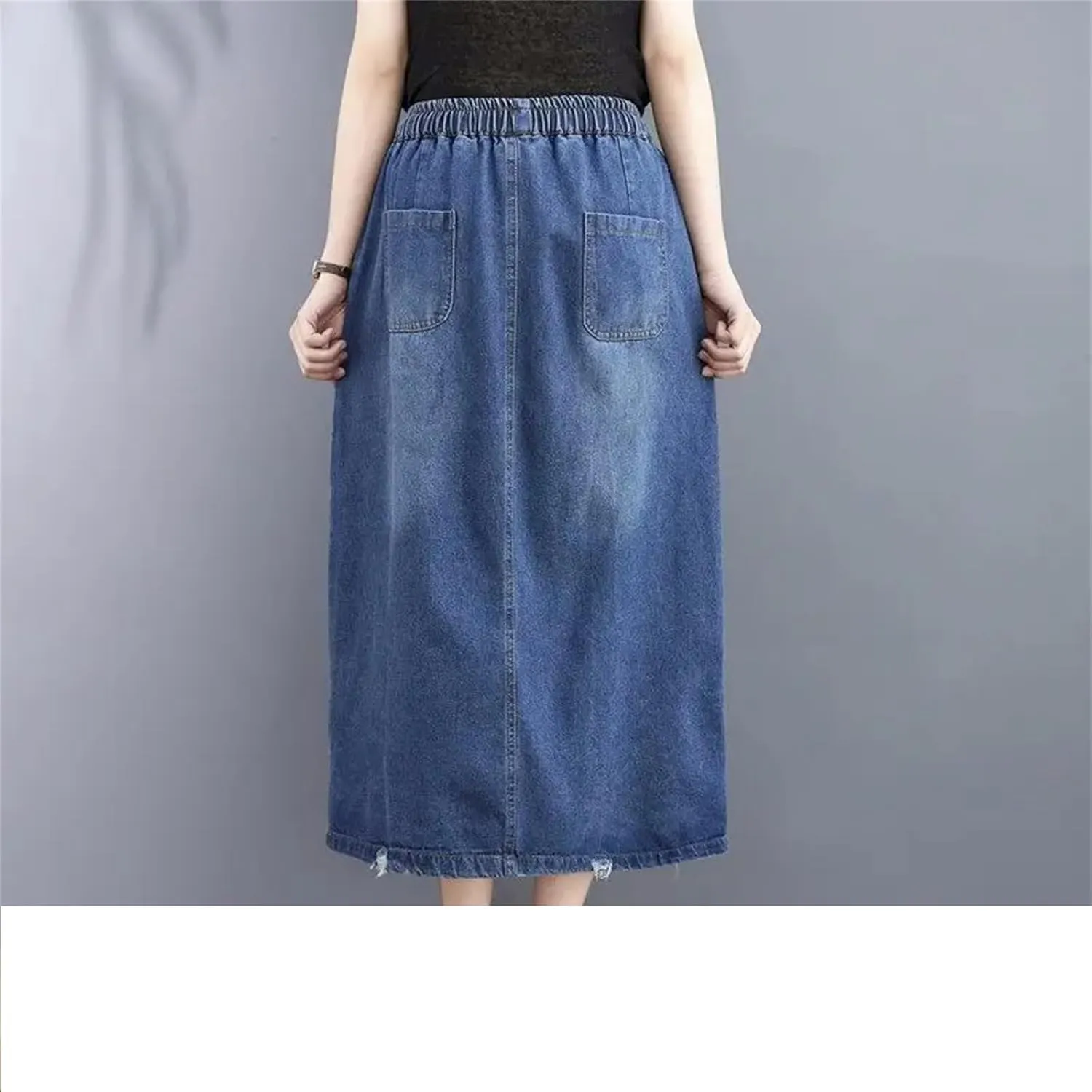Women Artistic Embriodered Jeans Skirt Summer Loose Slim Soft Elastic Waist Midi Denim Skirt