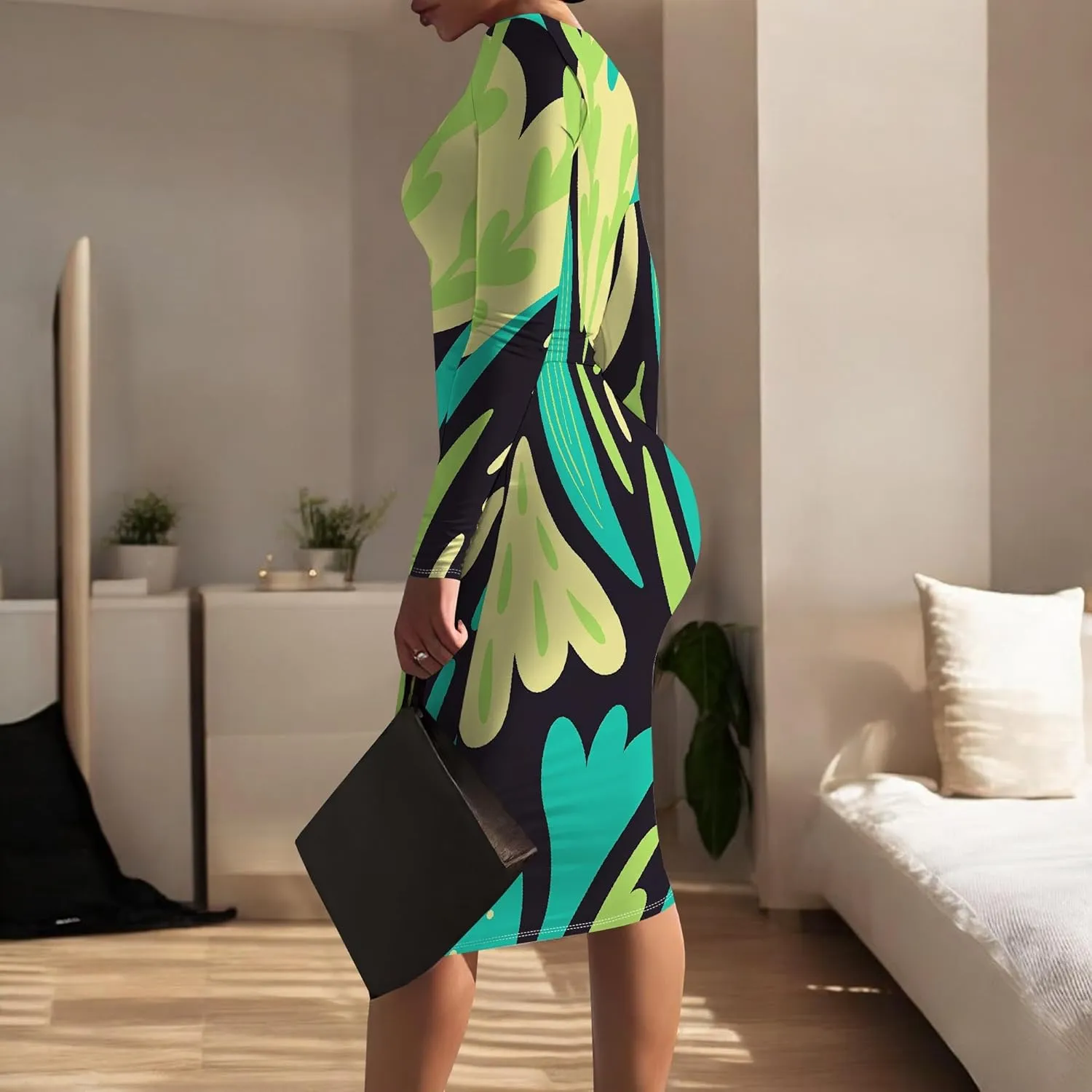 Women Bodycon Long Sleeve Dress Casual Crewneck Slim Fit Elegant Empire Waist Basic Midi Tank Short Party Club Dress