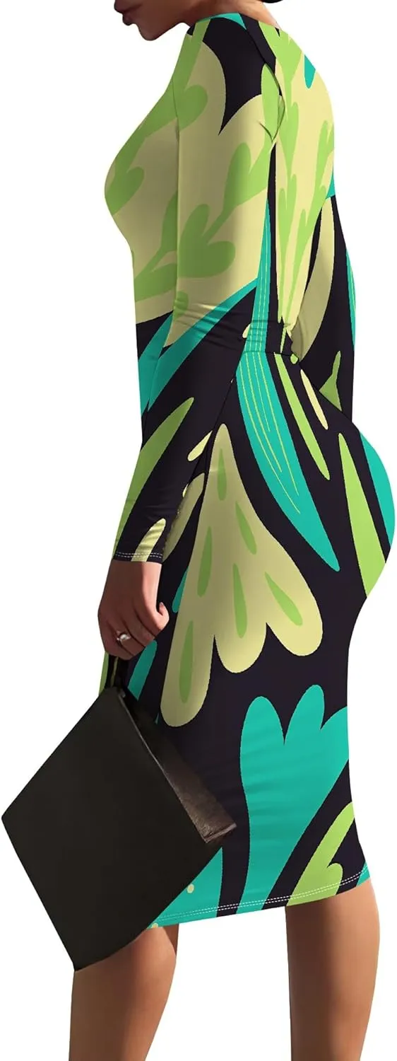 Women Bodycon Long Sleeve Dress Casual Crewneck Slim Fit Elegant Empire Waist Basic Midi Tank Short Party Club Dress