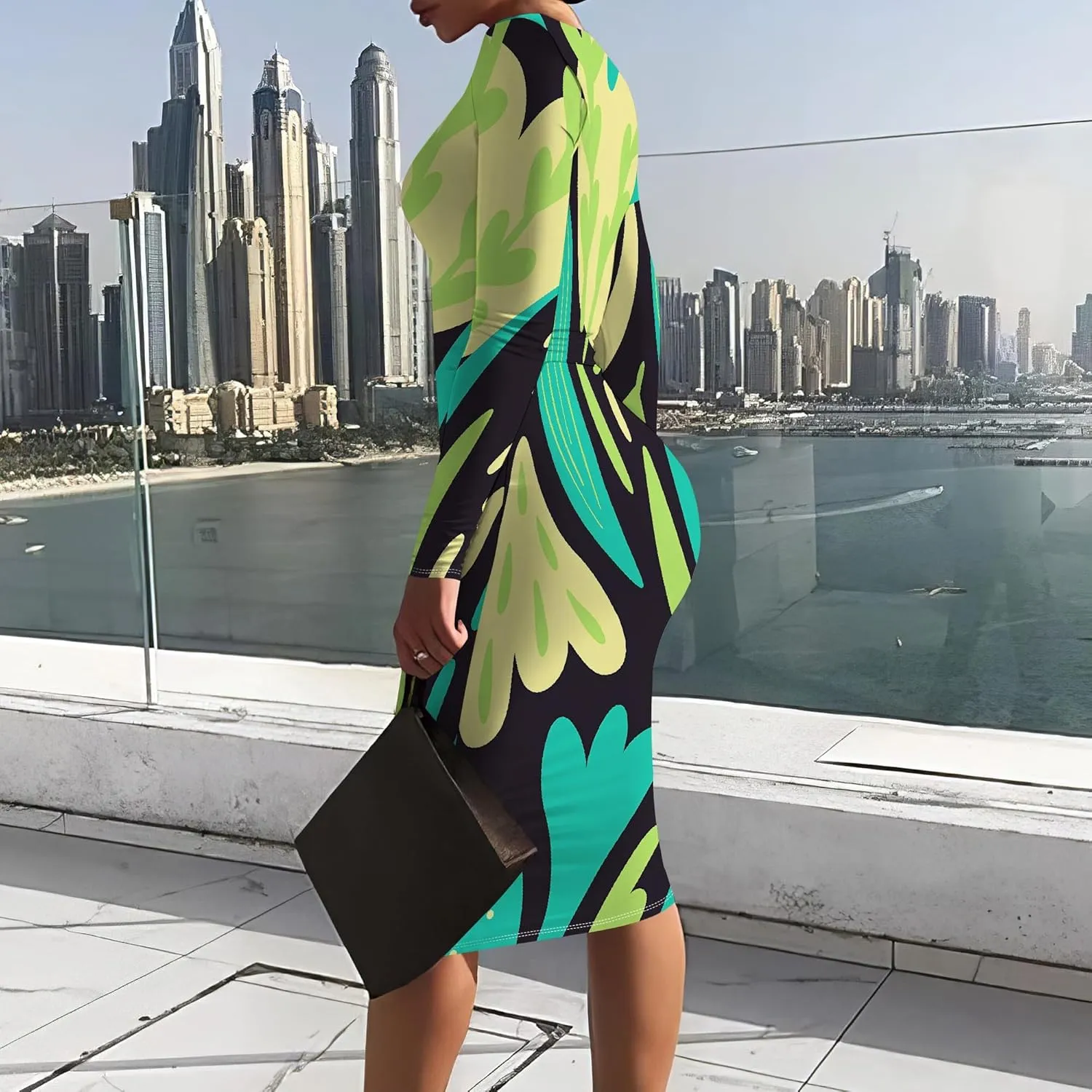 Women Bodycon Long Sleeve Dress Casual Crewneck Slim Fit Elegant Empire Waist Basic Midi Tank Short Party Club Dress