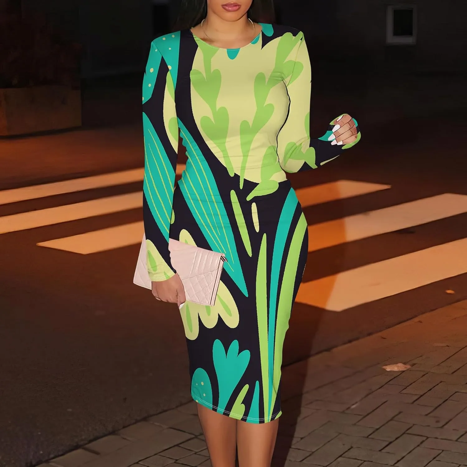 Women Bodycon Long Sleeve Dress Casual Crewneck Slim Fit Elegant Empire Waist Basic Midi Tank Short Party Club Dress