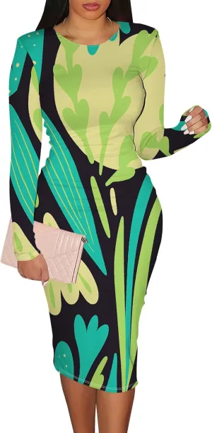 Women Bodycon Long Sleeve Dress Casual Crewneck Slim Fit Elegant Empire Waist Basic Midi Tank Short Party Club Dress