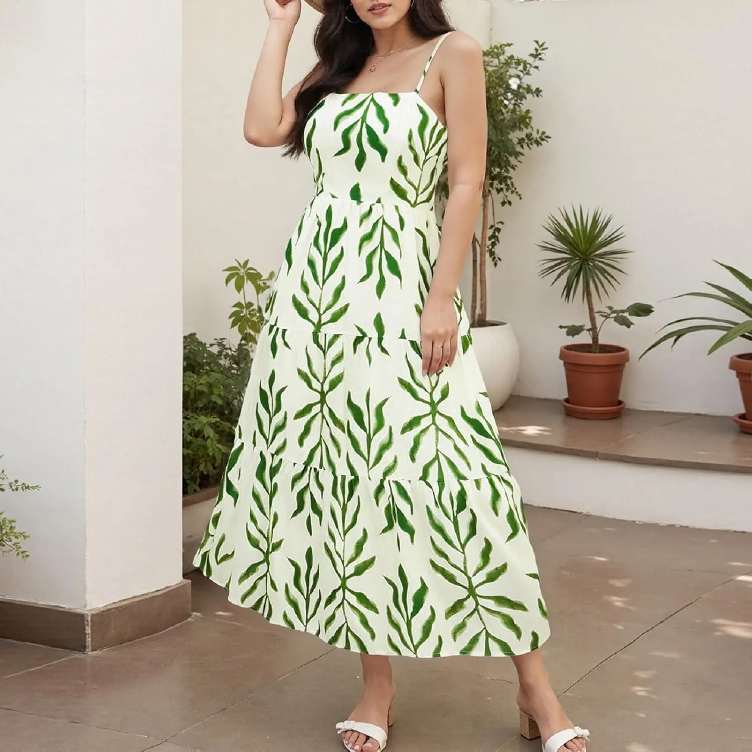 Women Bohemian Floral Maxi Dress Spaghetti Strap Backless Graphic Long Flowy Dress Summer Vacation Beach Sundress