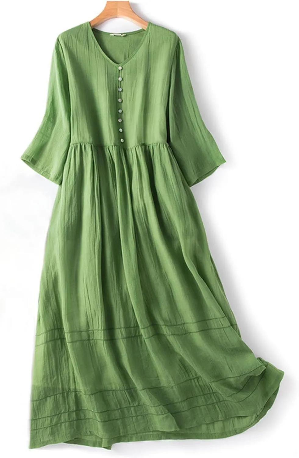 Women Boho Cotton Linen Dresses 3/4 Sleeve Maxi Long Dress V Neck Button Pleated Flowy Dresses Trendy Beach Dresses
