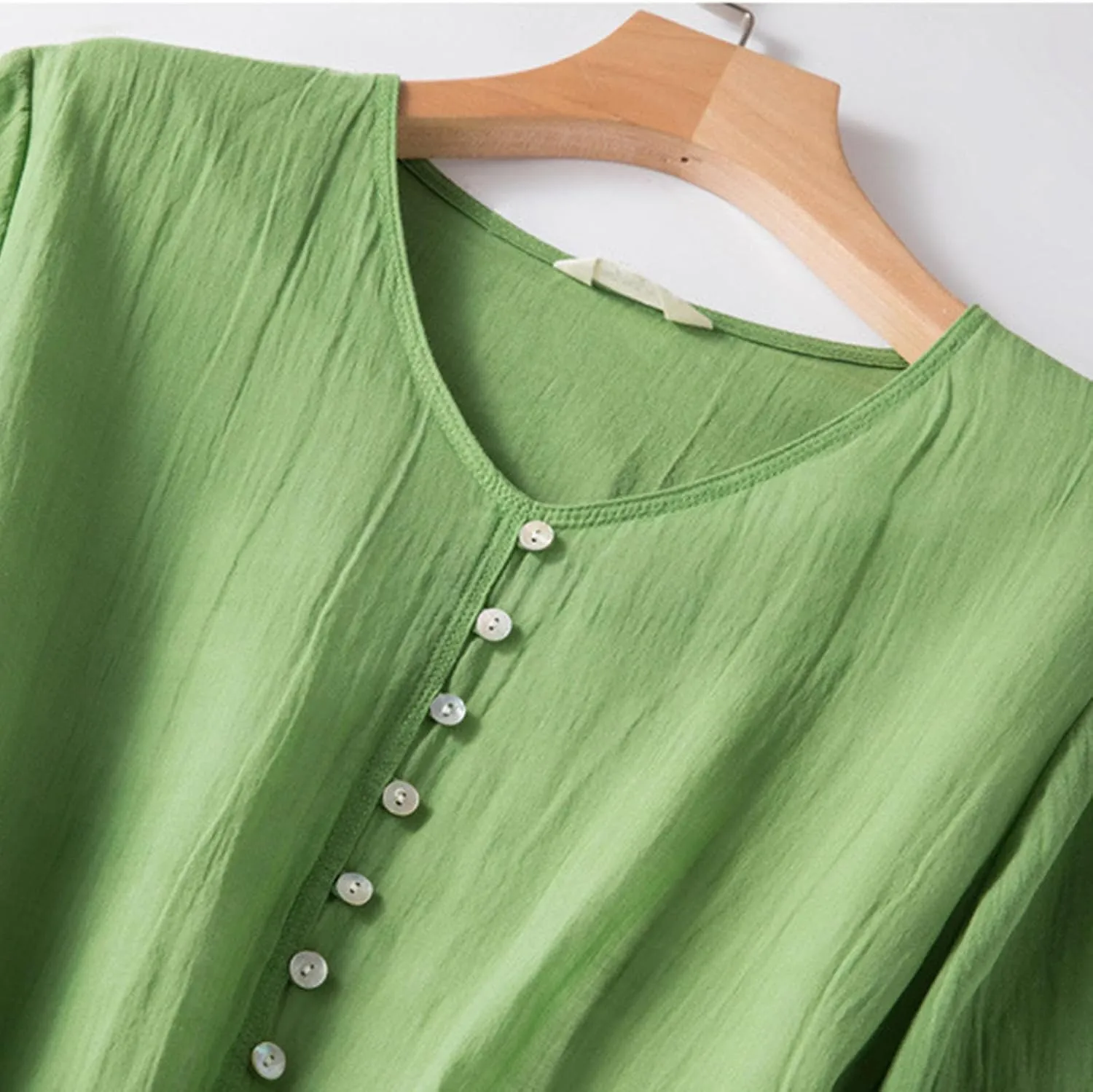 Women Boho Cotton Linen Dresses 3/4 Sleeve Maxi Long Dress V Neck Button Pleated Flowy Dresses Trendy Beach Dresses