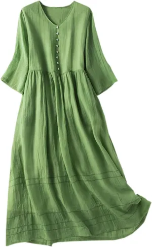Women Boho Cotton Linen Dresses 3/4 Sleeve Maxi Long Dress V Neck Button Pleated Flowy Dresses Trendy Beach Dresses