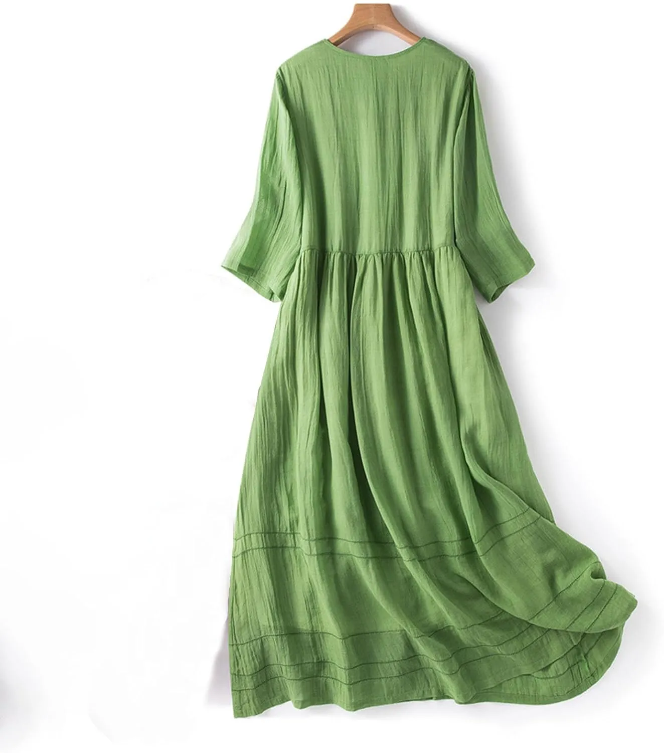 Women Boho Cotton Linen Dresses 3/4 Sleeve Maxi Long Dress V Neck Button Pleated Flowy Dresses Trendy Beach Dresses