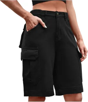 Women Cargo Jean Bermuda Shorts Knee Length Multi-Pockets Pull On Denim Short High Waisted Stretchy Hiking Golf Jorts