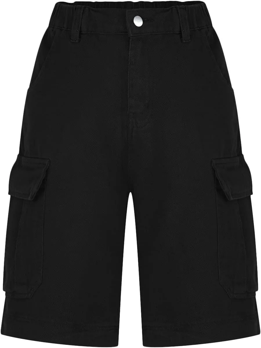 Women Cargo Jean Bermuda Shorts Knee Length Multi-Pockets Pull On Denim Short High Waisted Stretchy Hiking Golf Jorts