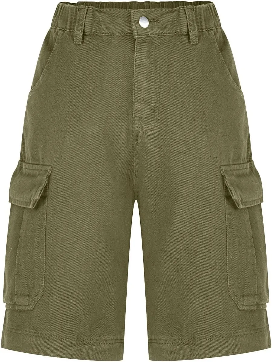 Women Cargo Jean Bermuda Shorts Knee Length Multi-Pockets Pull On Denim Short High Waisted Stretchy Hiking Golf Jorts