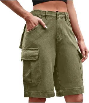 Women Cargo Jean Bermuda Shorts Knee Length Multi-Pockets Pull On Denim Short High Waisted Stretchy Hiking Golf Jorts