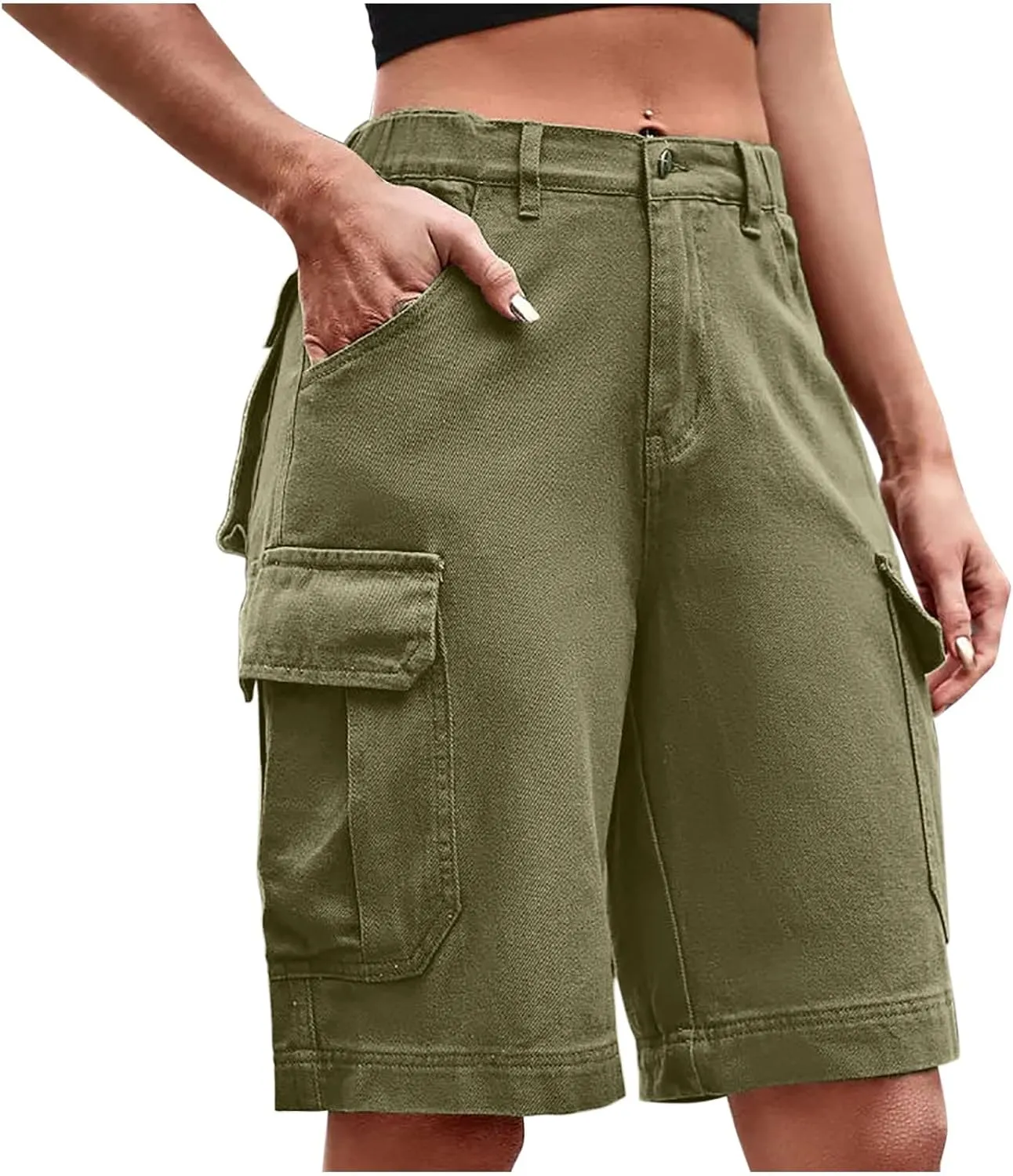Women Cargo Jean Bermuda Shorts Knee Length Multi-Pockets Pull On Denim Short High Waisted Stretchy Hiking Golf Jorts