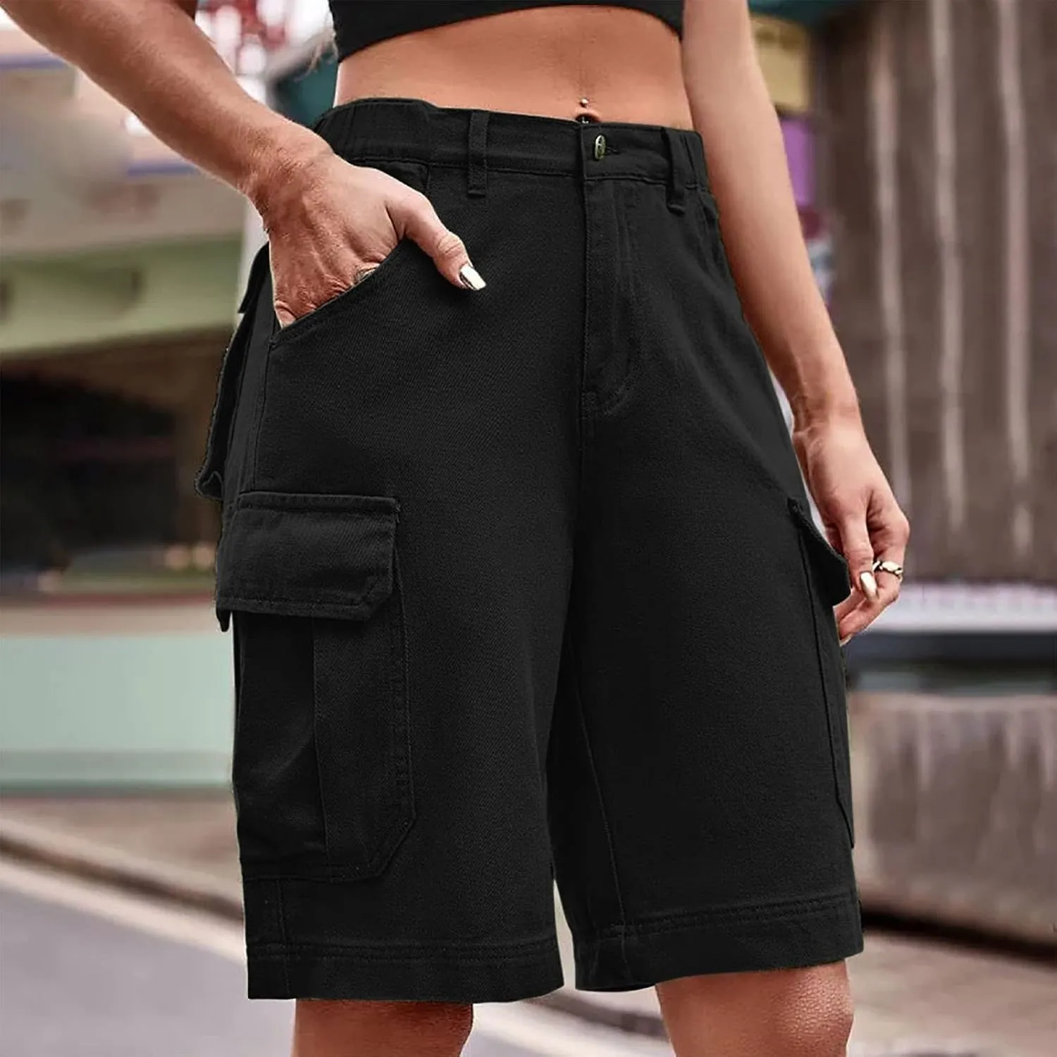 Women Cargo Jean Bermuda Shorts Knee Length Multi-Pockets Pull On Denim Short High Waisted Stretchy Hiking Golf Jorts