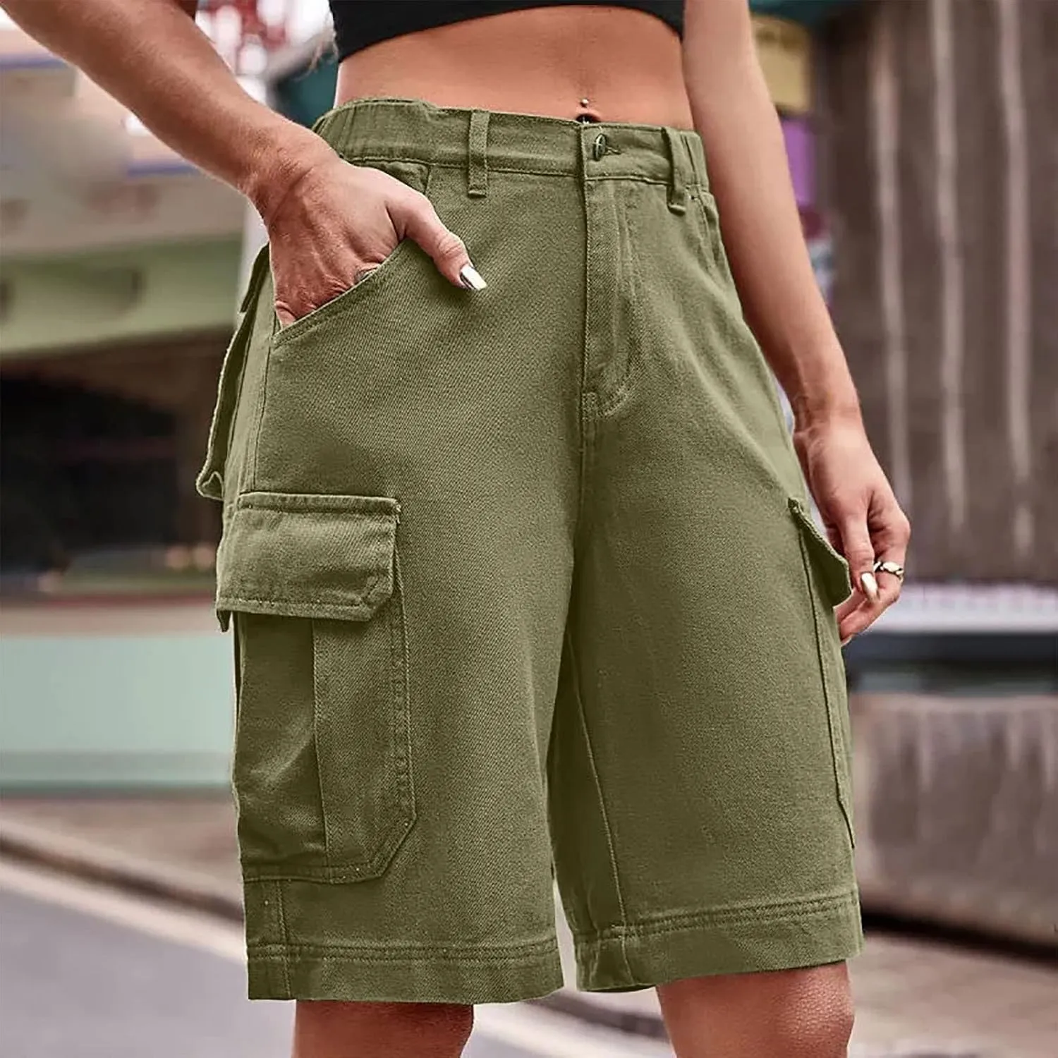 Women Cargo Jean Bermuda Shorts Knee Length Multi-Pockets Pull On Denim Short High Waisted Stretchy Hiking Golf Jorts
