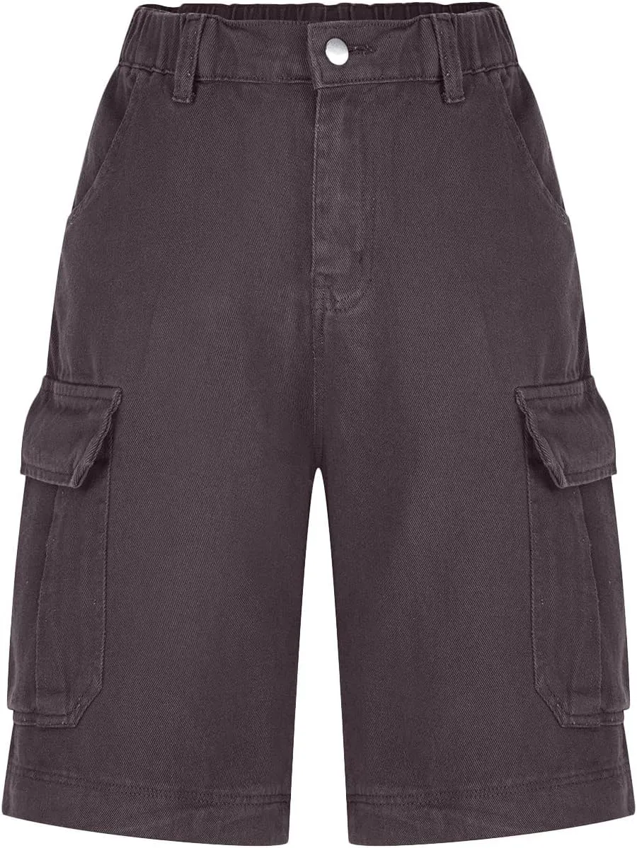 Women Cargo Jean Bermuda Shorts Knee Length Multi-Pockets Pull On Denim Short High Waisted Stretchy Hiking Golf Jorts