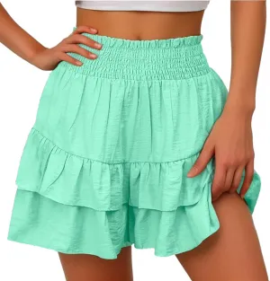 Women Casual Ruffle Shorts High Rise Bermuda Short Pant Trendy Flowy Shorts Summer Holiday Beach Pleated Mini Skirt