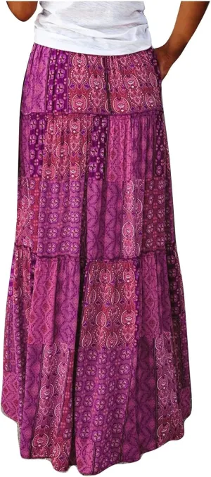 Women Chiffon Elastic High Waist Tie Paisley Print Maxi Skirt Summer Boho A-Line Flowy Ruffle Tiered Beach Skirts