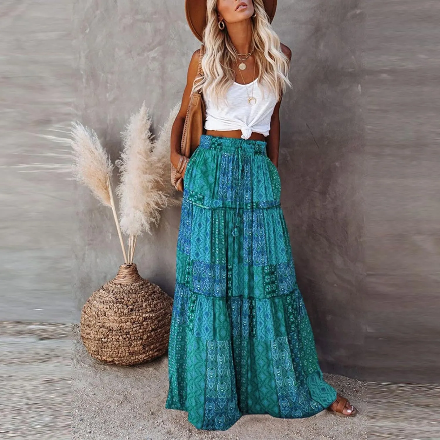 Women Chiffon Elastic High Waist Tie Paisley Print Maxi Skirt Summer Boho A-Line Flowy Ruffle Tiered Beach Skirts