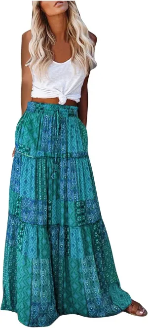 Women Chiffon Elastic High Waist Tie Paisley Print Maxi Skirt Summer Boho A-Line Flowy Ruffle Tiered Beach Skirts