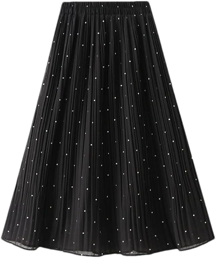 Women Chiffon Midi Long Pleated Skirt High Waist Black White Polka Dot A-Line Skirt