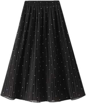 Women Chiffon Midi Long Pleated Skirt High Waist Black White Polka Dot A-Line Skirt