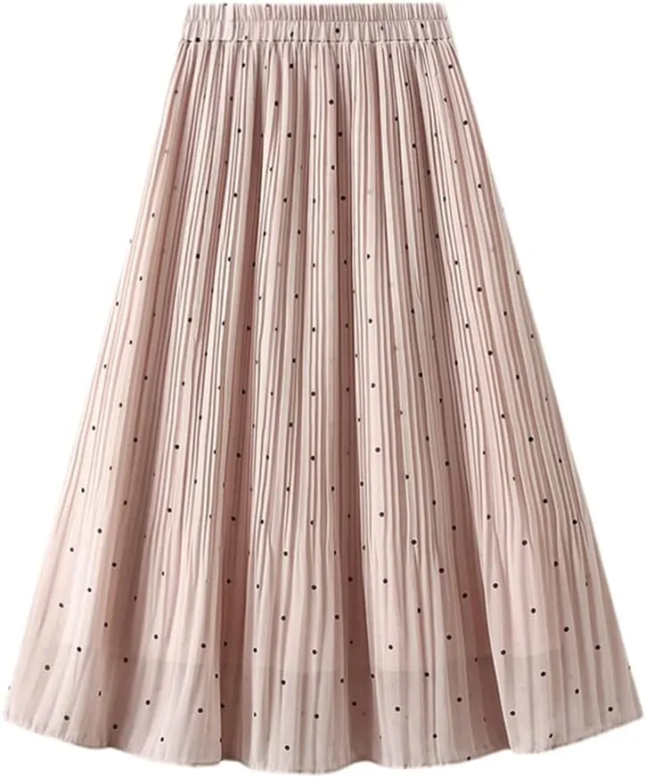 Women Chiffon Midi Long Pleated Skirt High Waist Black White Polka Dot A-Line Skirt