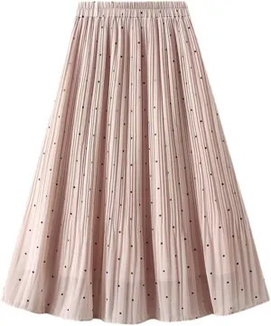 Women Chiffon Midi Long Pleated Skirt High Waist Black White Polka Dot A-Line Skirt