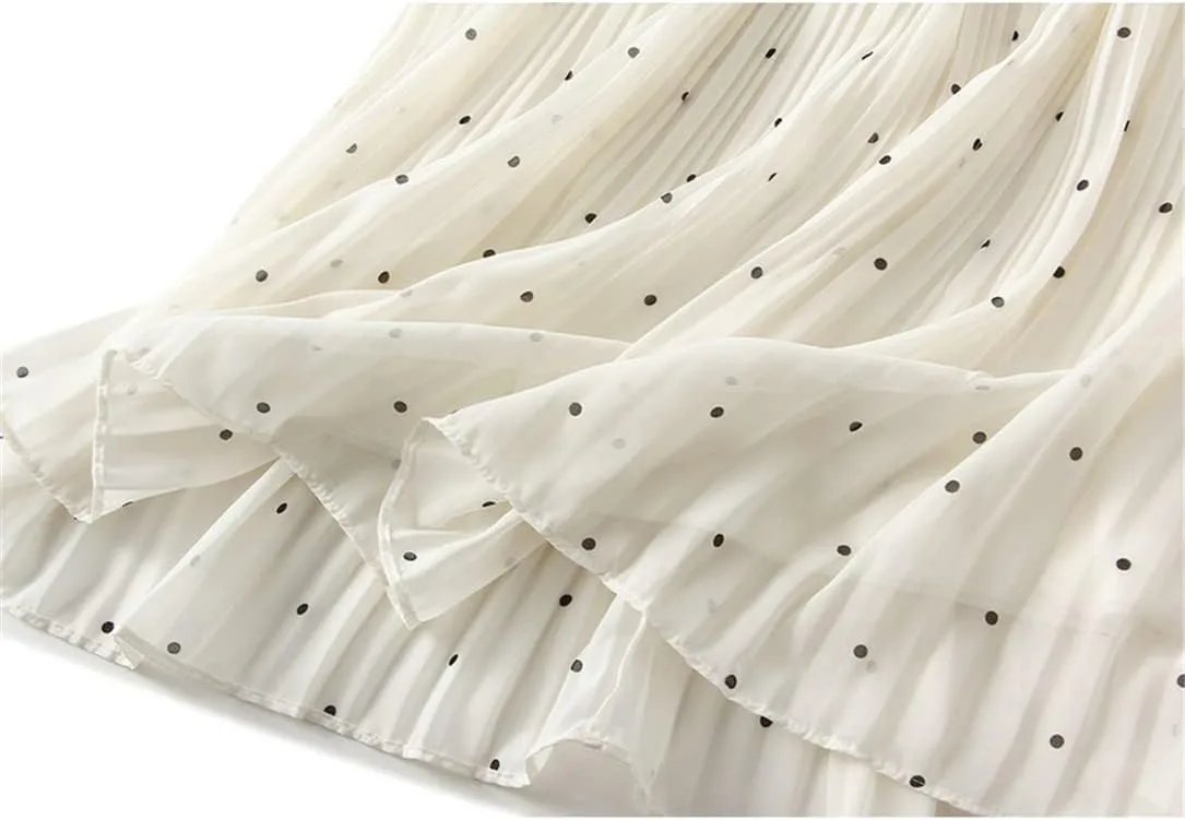 Women Chiffon Midi Long Pleated Skirt High Waist Black White Polka Dot A-Line Skirt