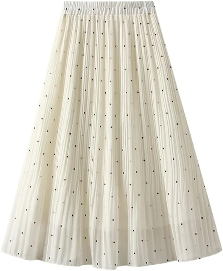 Women Chiffon Midi Long Pleated Skirt High Waist Black White Polka Dot A-Line Skirt