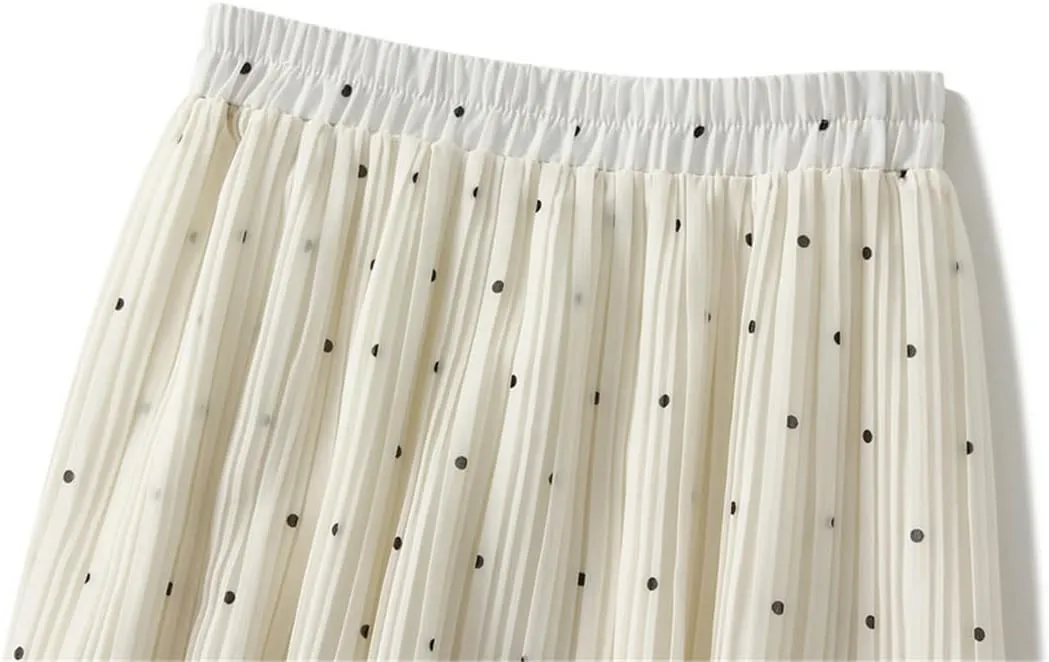 Women Chiffon Midi Long Pleated Skirt High Waist Black White Polka Dot A-Line Skirt