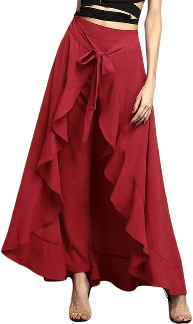 Women Chiffon Pants Tie-Waist Ruffles Wide Leg Trousers Casual Loose Solid Long Skirts Female Party Maxi Dress